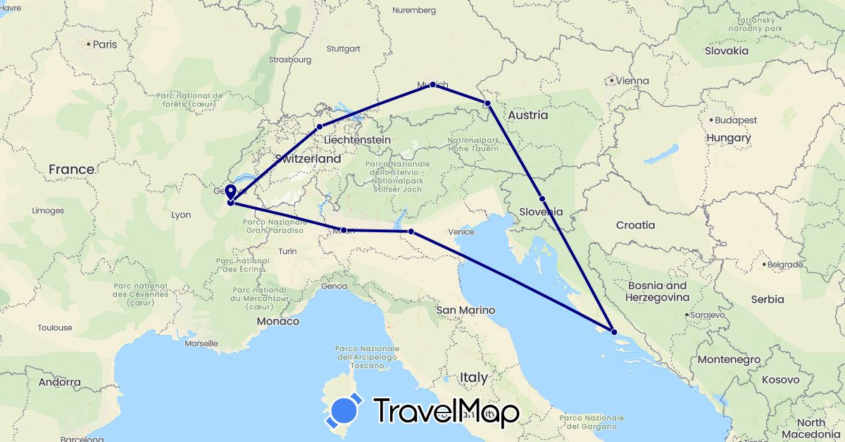 TravelMap itinerary: driving in Austria, Switzerland, Germany, France, Croatia, Italy, Slovenia (Europe)